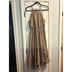 Kiki LaRue Tan Black Animal Print Midi Dress Halter Neck Tiered Boho Size Medium